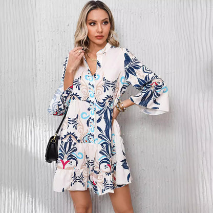 Bell Sleeve Casual Loose Printed Shirt Dress